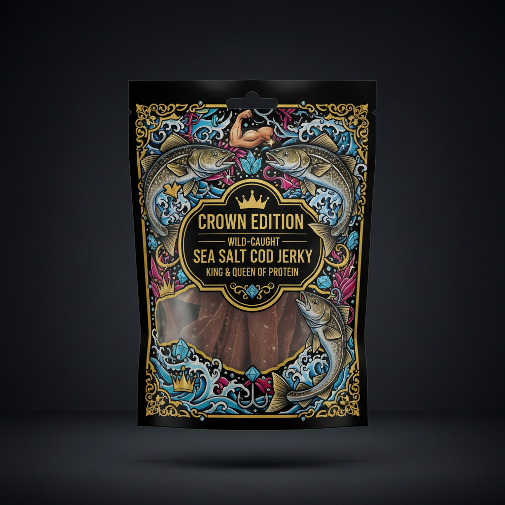 TITAN Protein Fish Jerky Sea Salt Cod — Crown Edition bold tattoo-style artwork