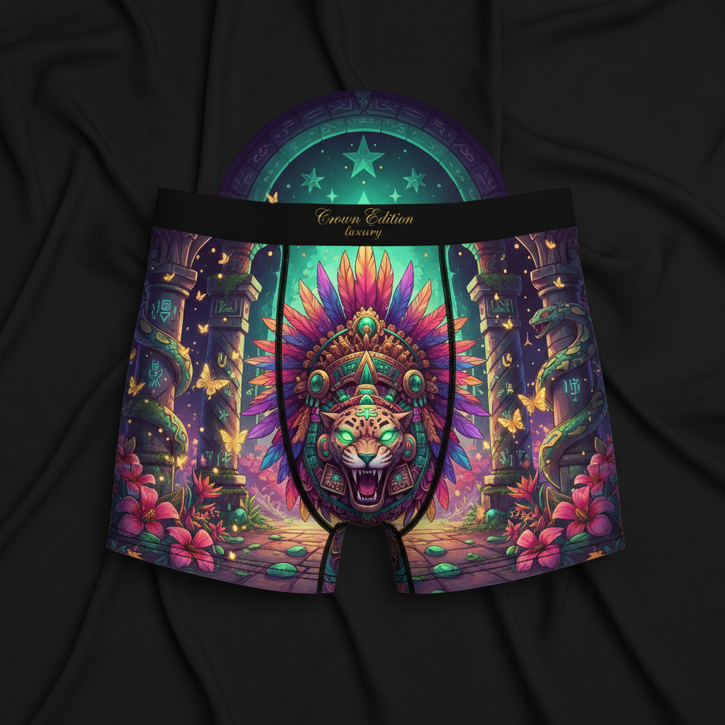 TITAN Aztec Goddess Women's Cozy Boxer Shorts Crown Edition — anime Aztec warrior art on matte black