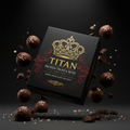 TITAN Protein Truffle Bites – Dark Chocolate Sea Salt, matte black box with gold crown tattoo artwork, dark chocolate truffles with Himalayan sea salt crystals