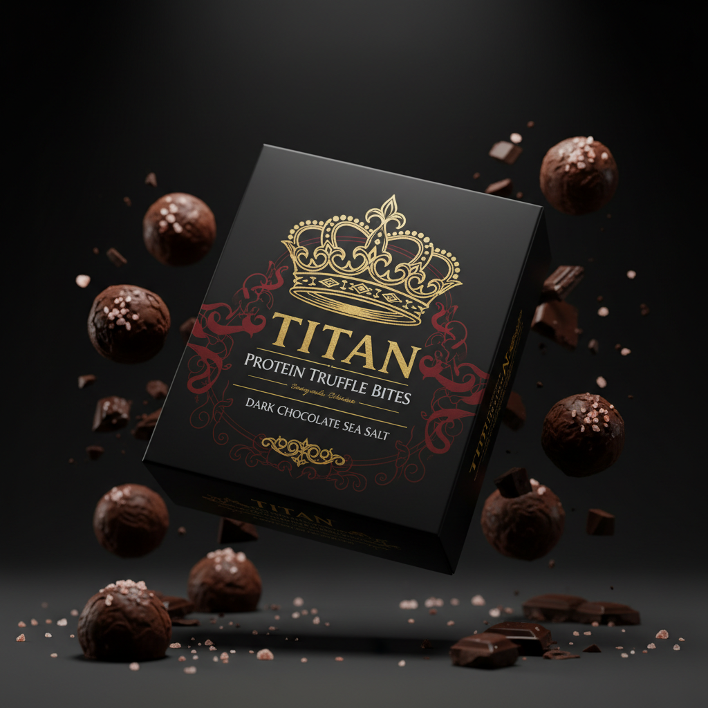 TITAN Protein Truffle Bites – Dark Chocolate Sea Salt, matte black box with gold crown tattoo artwork, dark chocolate truffles with Himalayan sea salt crystals