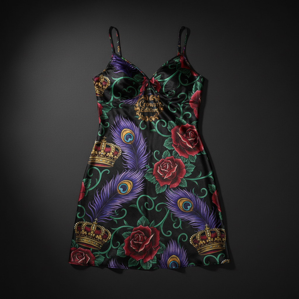 TITAN Crown Edition Tattoo Art Women's Lounge Slip Dress - bold colorful tattoo artwork on matte black satin fabric