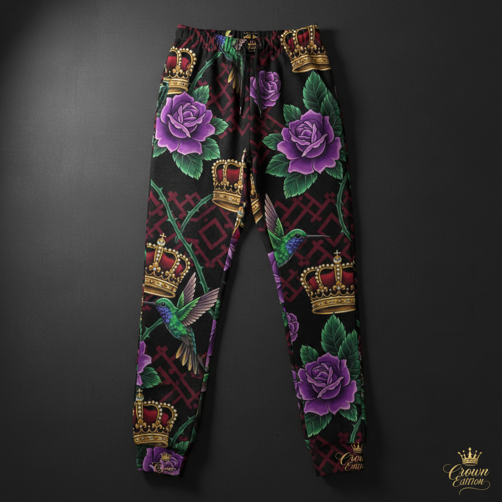 TITAN Crown Edition Tattoo Art Women's Lounge Joggers - bold hummingbird rose tattoo artwork on matte black fabric