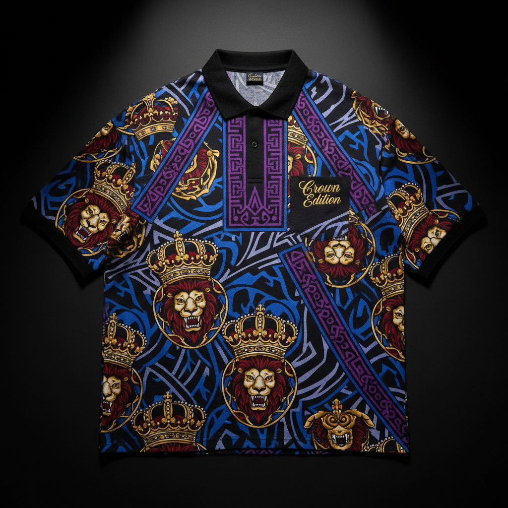 TITAN Crown Edition Tattoo Art Men's Lounge Polo - bold colorful tattoo artwork on matte black pique fabric