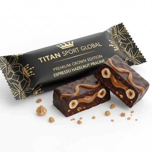 Crown Edition Espresso Hazelnut Praline Protein Bar — matte black gold foil wrapper