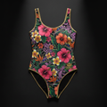 TITAN Crown Edition Women's One-Piece Swimsuit — Tropical Floral tattoo artwork on matte black fabric