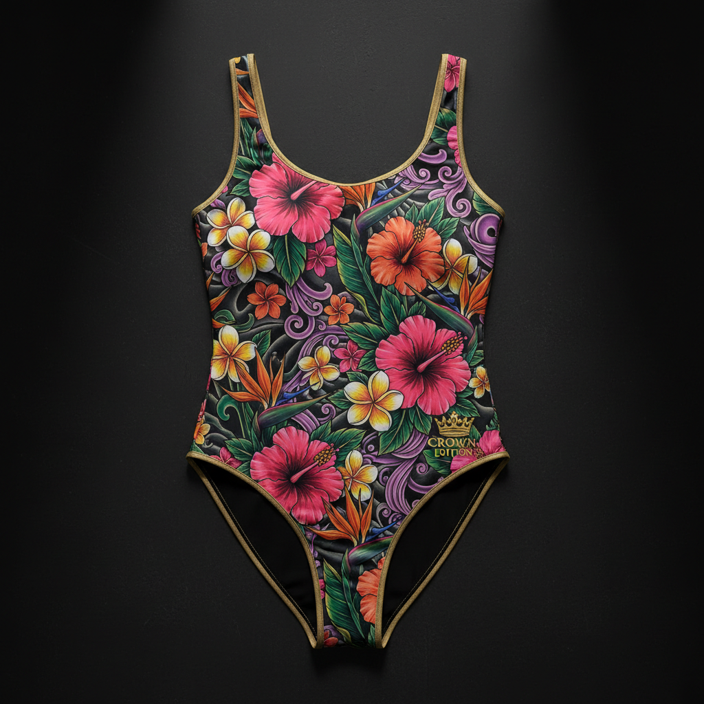 TITAN Crown Edition Women's One-Piece Swimsuit — Tropical Floral tattoo artwork on matte black fabric