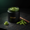 TITAN Clean Eating Protein Dip Edamame & Wasabi — side-angle Japanese-inspired food styling with edamame pods and wasabi