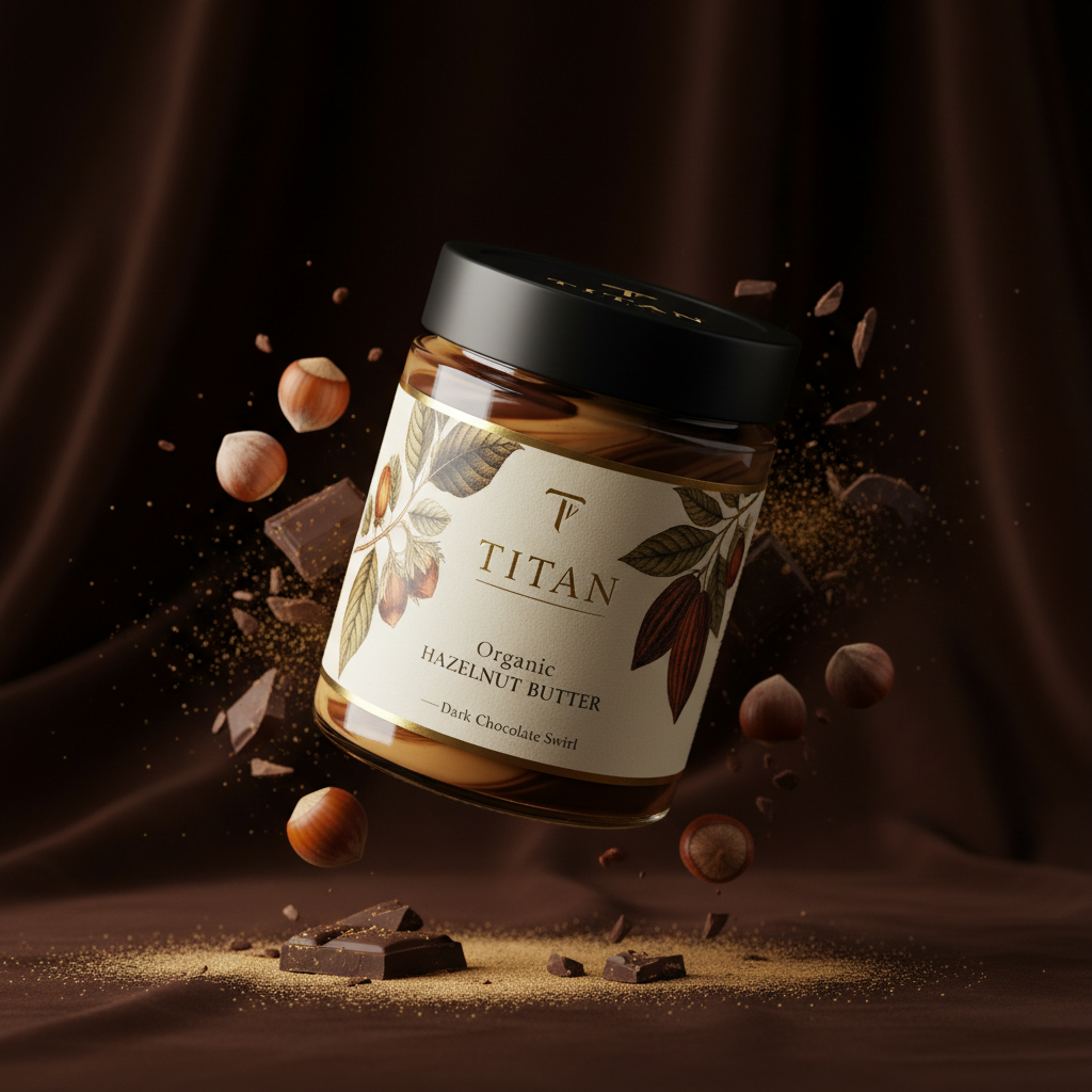TITAN Organic Hazelnut Butter Dark Chocolate Swirl — ultra-premium luxury editorial product shot