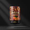 TITAN Pre-Workout Peach Mango supplement container with tropical tattoo-style Crown Edition artwork in orange, gold and purple