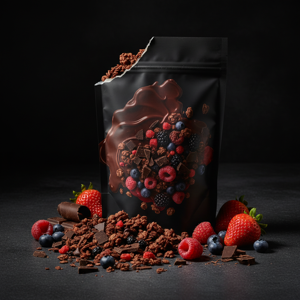TITAN Protein Granola – Dark Chocolate Berry, premium product photography