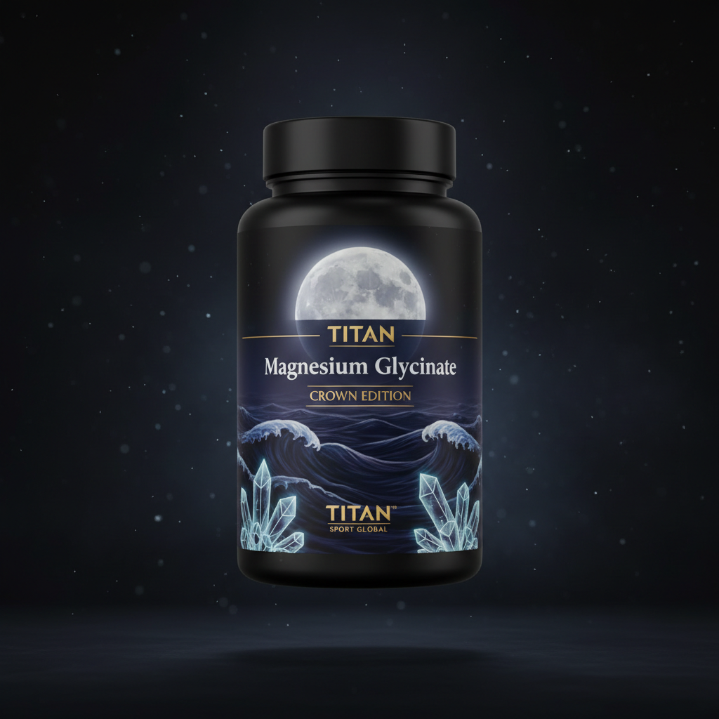 TITAN Magnesium Glycinate supplement bottle with Crown Edition matte black and gold packaging featuring moonlit ocean and magnesium crystal artwork in deep navy and silver