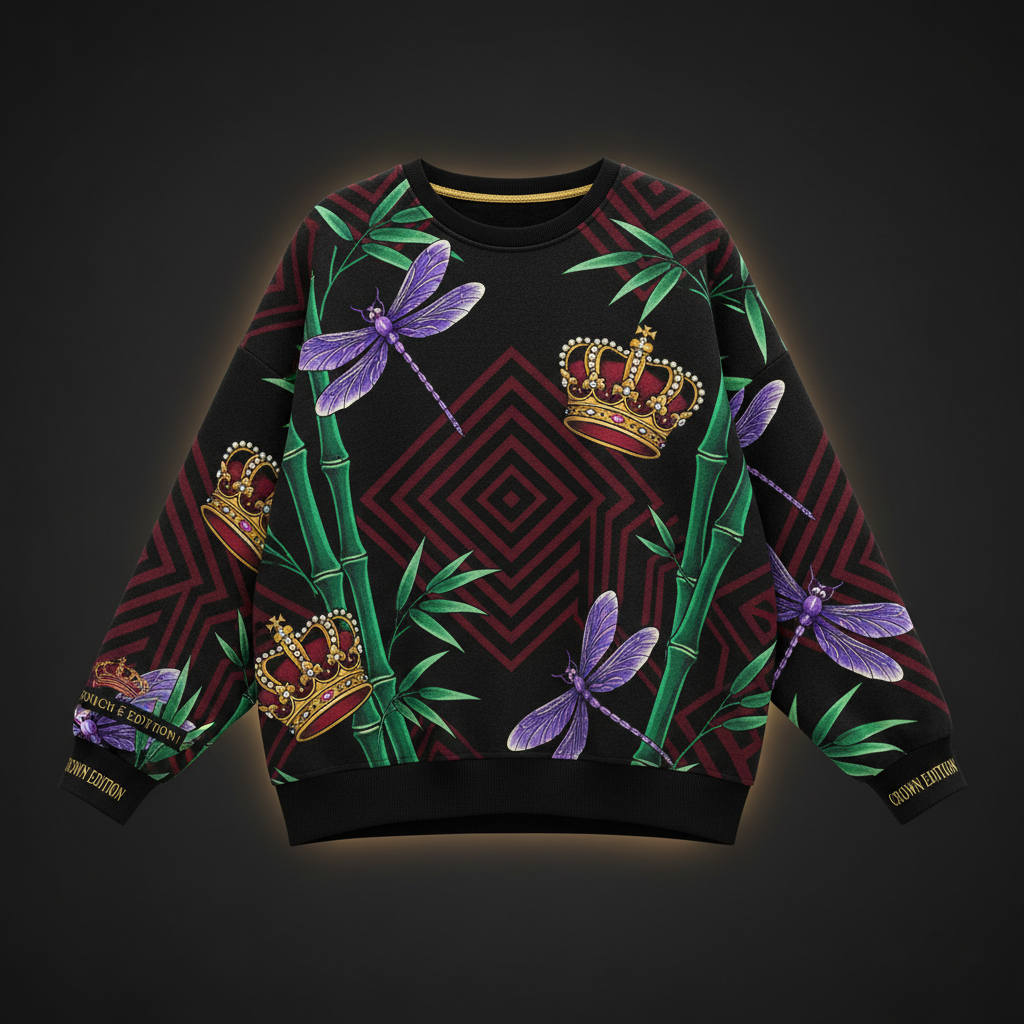 TITAN Crown Edition Tattoo Art Women's Lounge Drop Shoulder Sweatshirt - bold dragonfly bamboo tattoo artwork on matte black heavyweight fabric