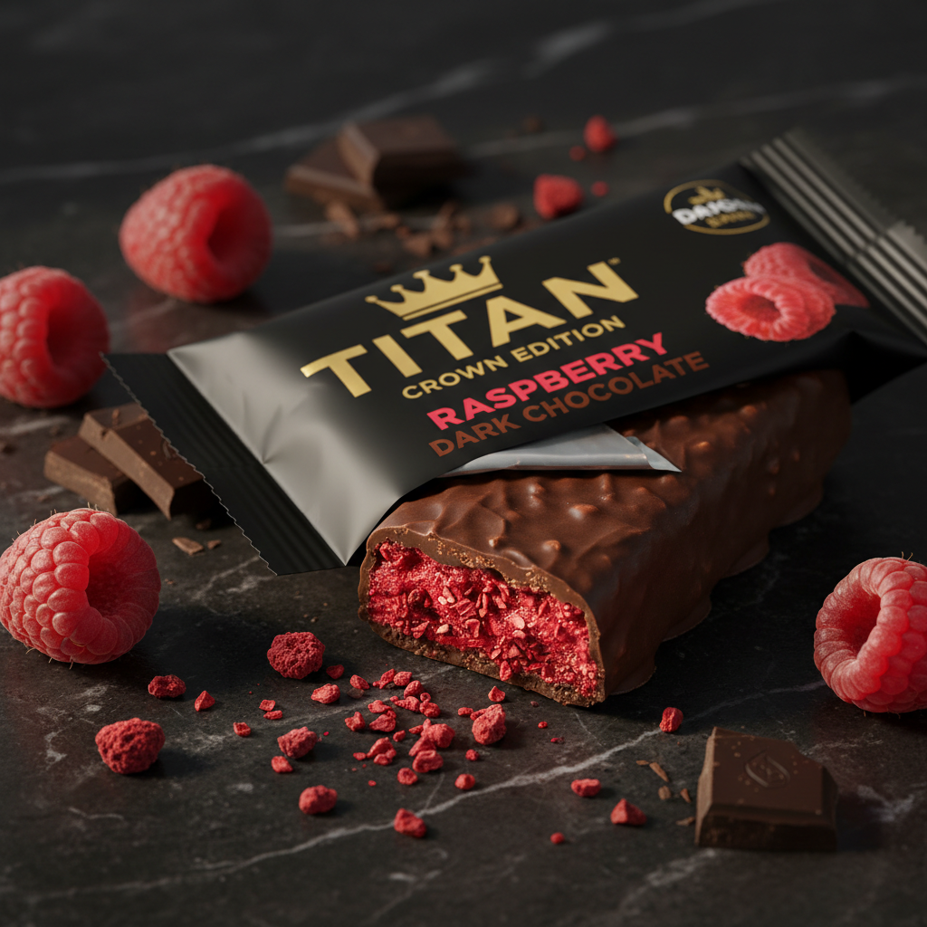 TITAN Vegan Protein Bar Raspberry Dark Chocolate Crown Edition — 20g protein premium product shot