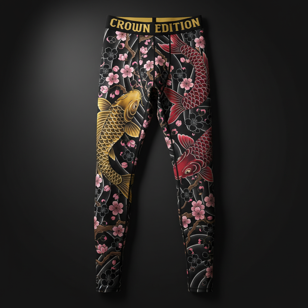 TITAN Crown Edition Men's Compression Tights — Japanese koi fish and cherry blossom tattoo artwork