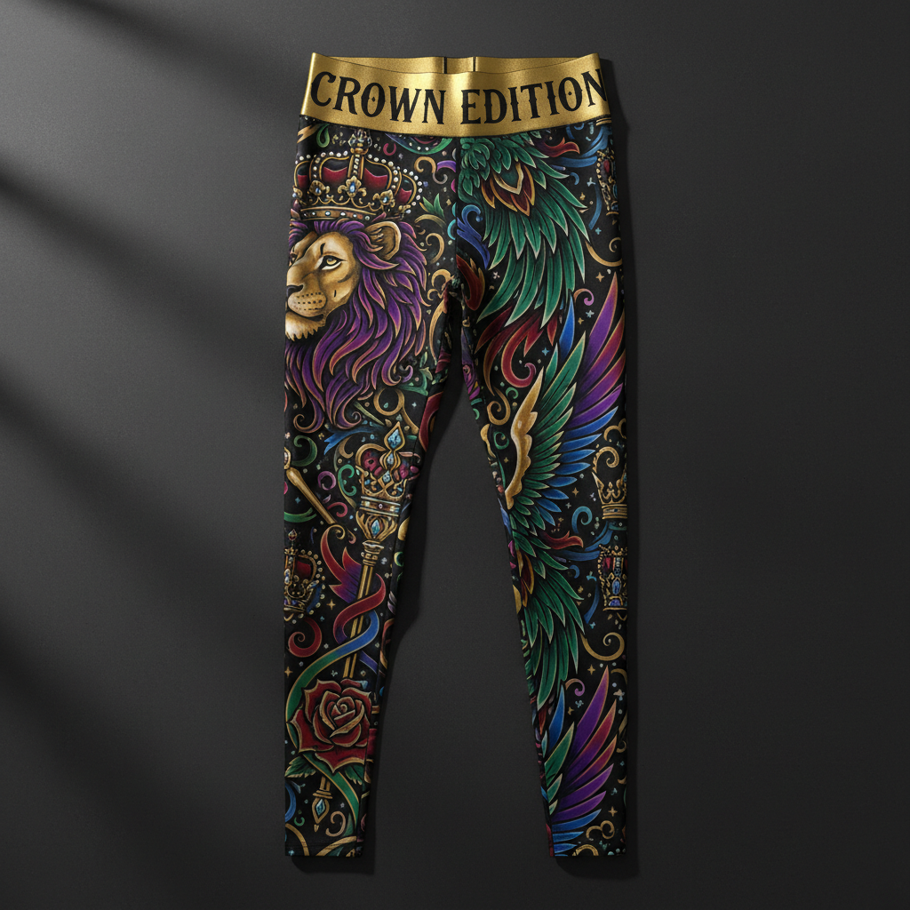 TITAN Crown Edition Women's High-Waist Compression Leggings — bold tattoo artwork in jewel tones on matte black fabric