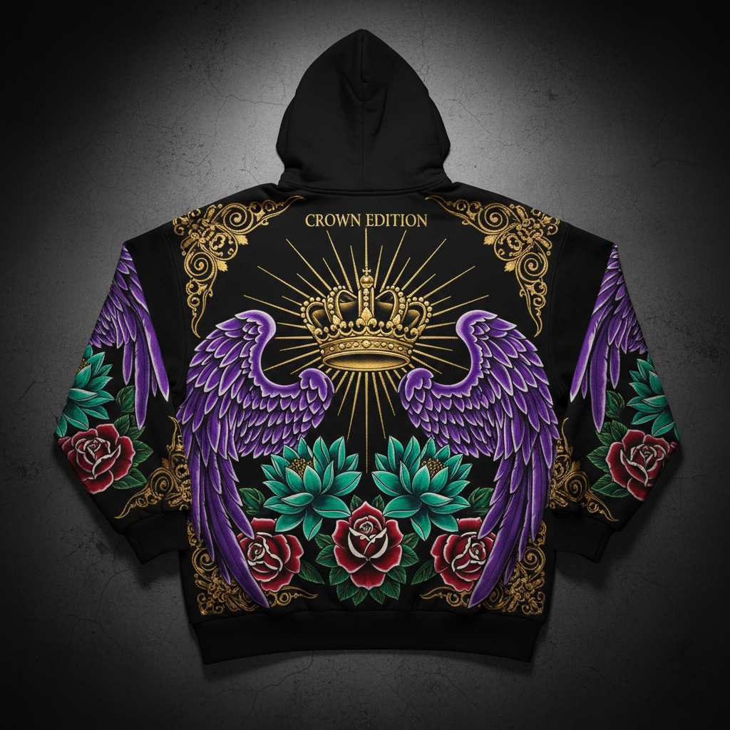 TITAN Crown Edition Tattoo Art Women's Lounge Hoodie - bold grand finale crown tattoo artwork on matte black heavyweight fleece
