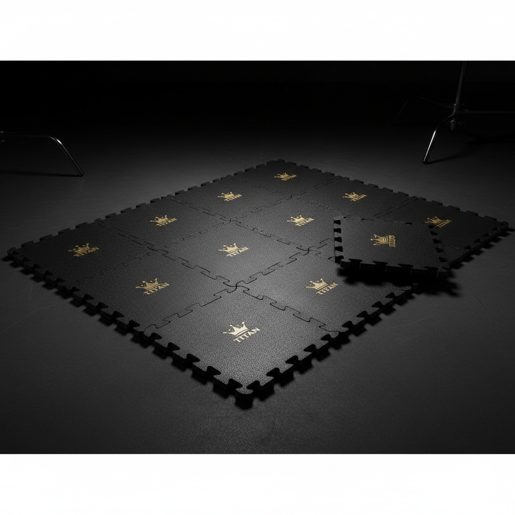 TITAN Rubber Gym Flooring Tiles — Matte black interlocking tiles with gold crown embossed logo