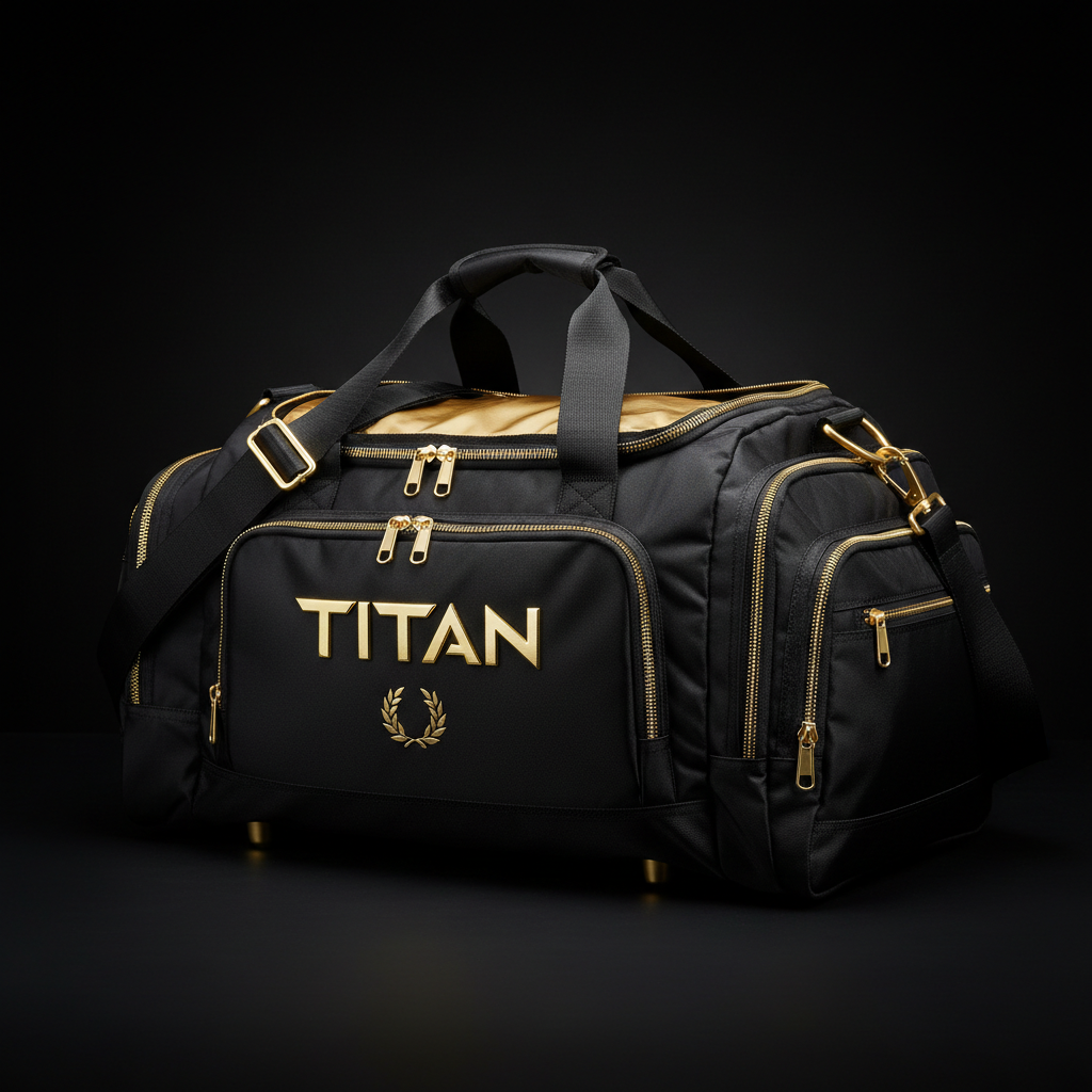 Black TITAN duffel bag with gold accents, metallic logo, laurel wreath emblem, multiple zippers, and top carry handles.