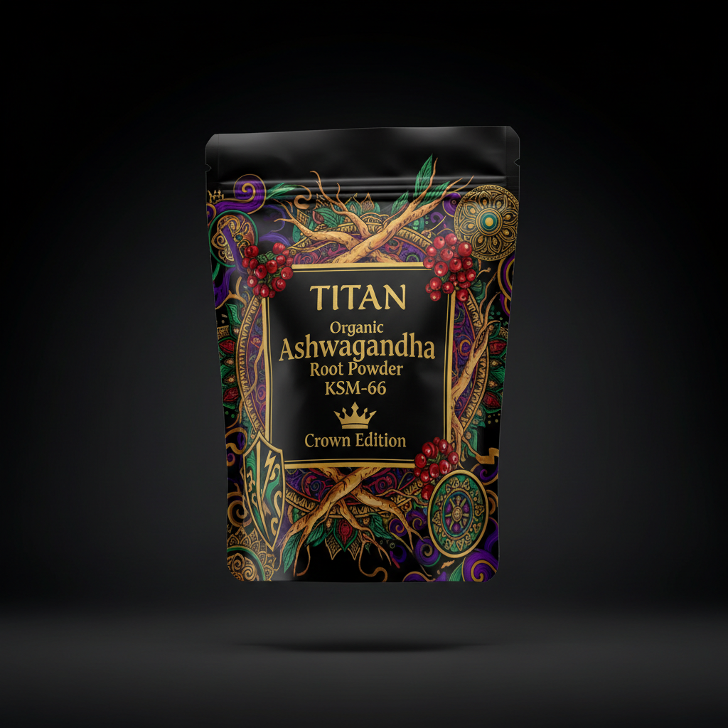 TITAN Organic Ashwagandha Root Powder — KSM-66, Crown Edition tattoo-style artwork