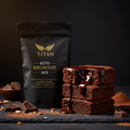 TITAN Keto Brownie Mix Almond Flour Dark Chocolate — dramatic stacked brownie shot with gooey center, chocolate drizzle and crushed almonds