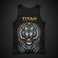 TITAN Elite Recovery Compression Tank in matte black with gold logo and bold tattoo-style roaring tiger geometric artwork in electric blue and gold