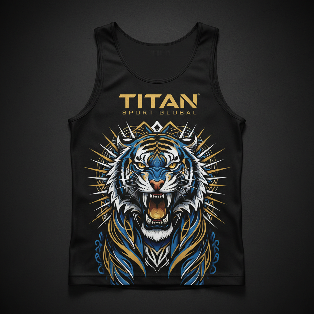 TITAN Elite Recovery Compression Tank in matte black with gold logo and bold tattoo-style roaring tiger geometric artwork in electric blue and gold