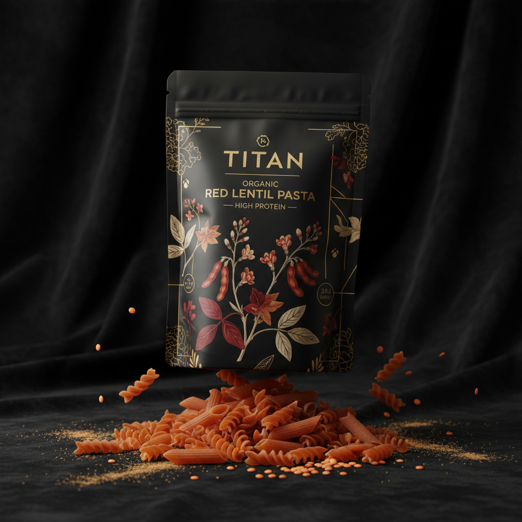 TITAN Organic Red Lentil Pasta High Protein — ultra-premium luxury editorial product shot