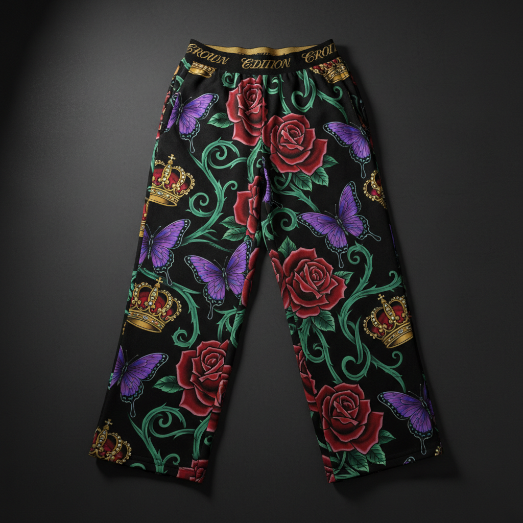 TITAN Crown Edition Tattoo Art Women's Lounge Wide-Leg Pants - bold colorful tattoo artwork on matte black fabric