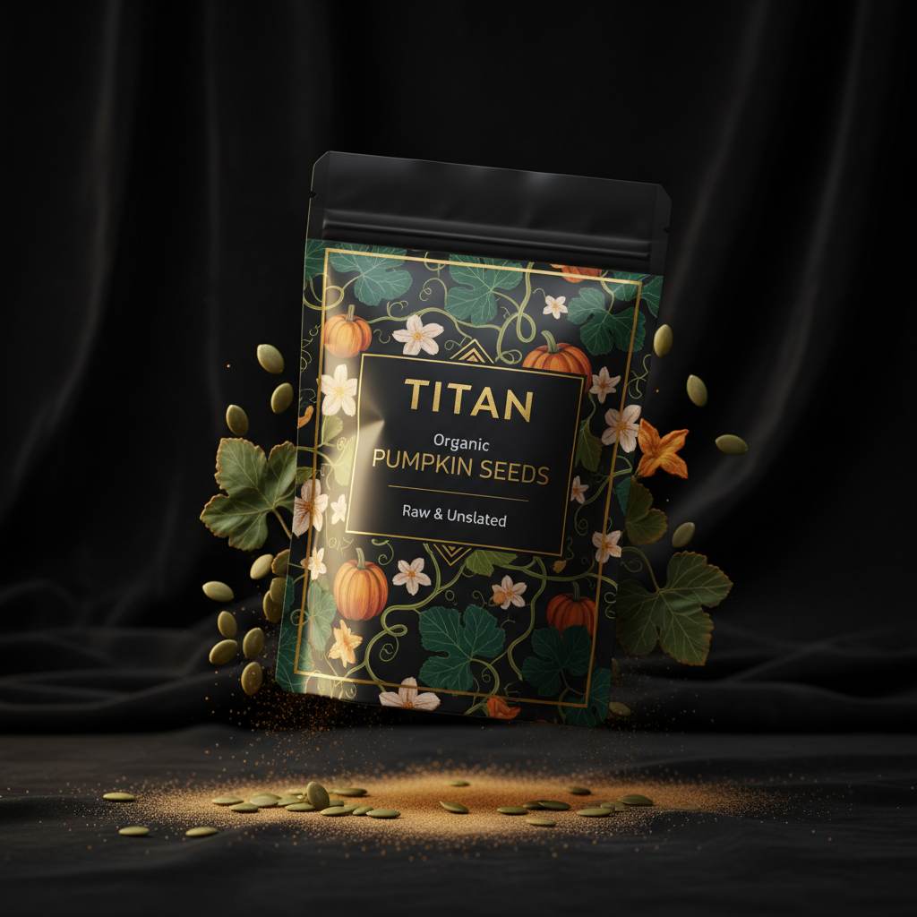 TITAN Organic Pumpkin Seeds Raw & Unsalted — ultra-premium luxury editorial product shot