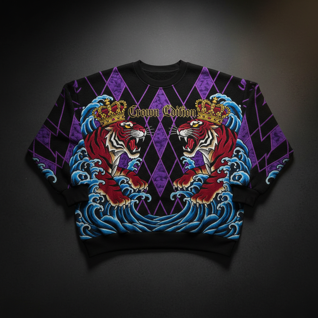 TITAN Crown Edition Tattoo Art Men's Lounge Crewneck - bold tiger ocean tattoo artwork on matte black heavyweight fleece