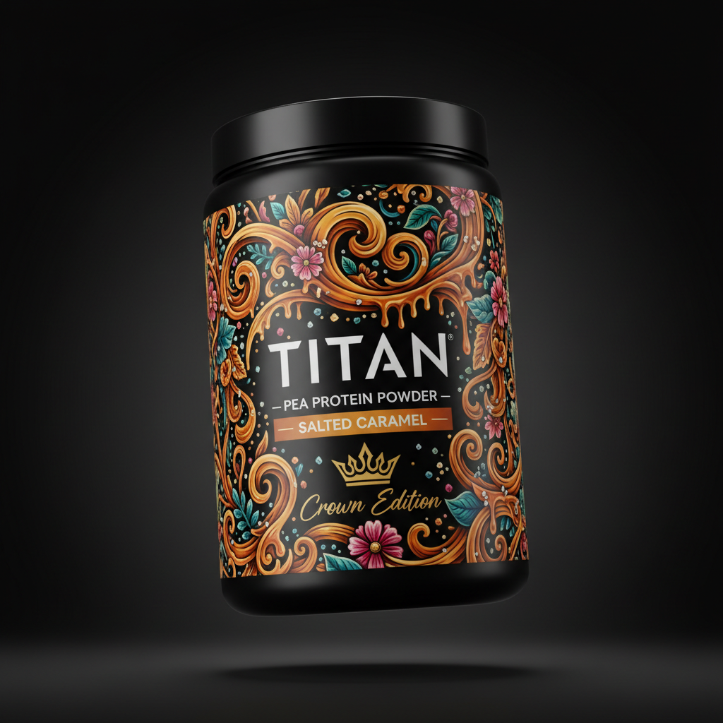 TITAN Pea Protein Powder — Salted Caramel, Crown Edition tattoo-style artwork