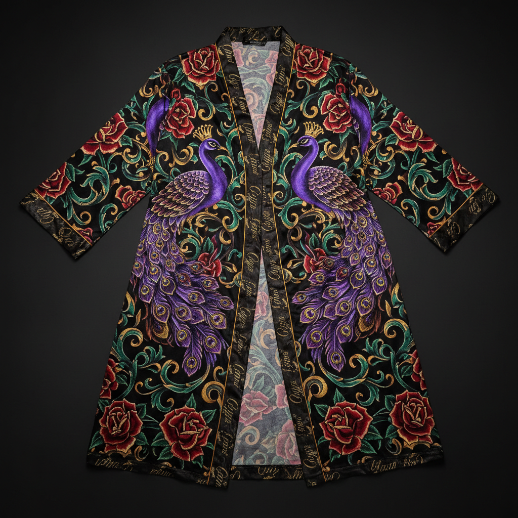 TITAN Crown Edition Tattoo Art Women's Lounge Robe - bold colorful tattoo artwork on matte black velour