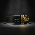 TITAN Weightlifting Belt — Matte black leather with gold lever buckle and embossed crown logo