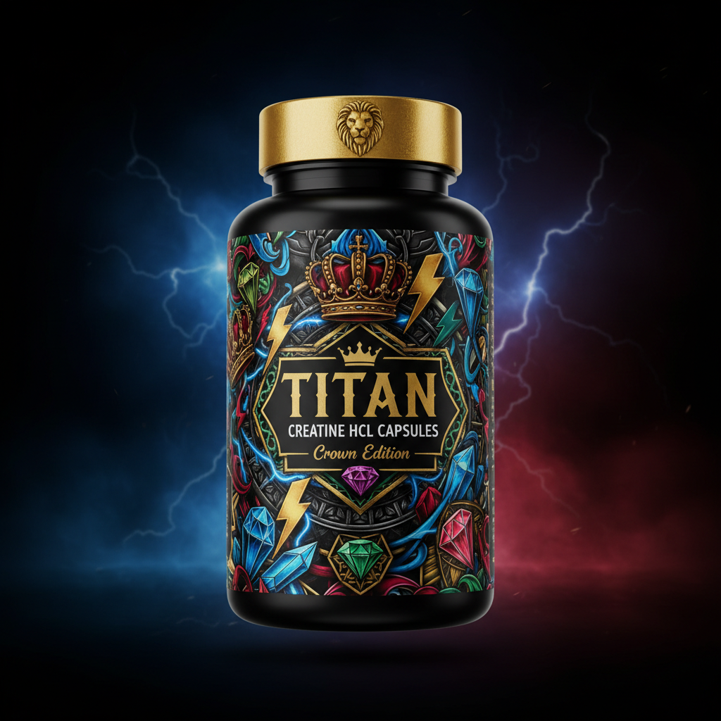 TITAN Creatine HCL Capsules supplement bottle with lightning bolt, diamond crystal and crown tattoo-style Crown Edition artwork in electric blue, crimson and gold