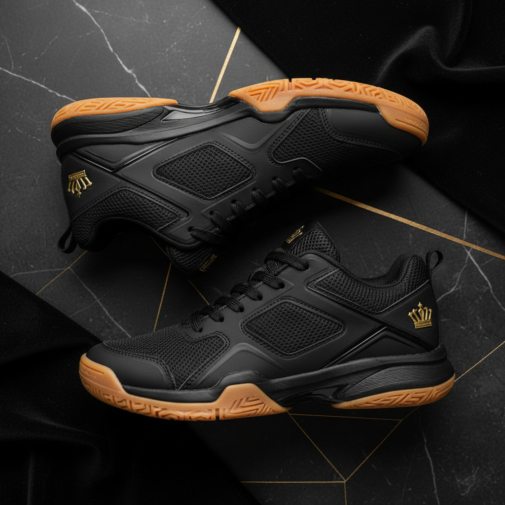 TITAN Volleyball Shoes Crown Edition matte black gold crown logo heel gum rubber outsole breathable mesh upper pair
