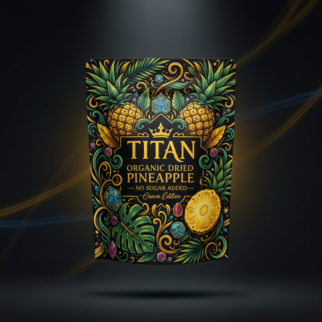 TITAN Organic Dried Pineapple — No Sugar Added, Crown Edition tattoo-style artwork