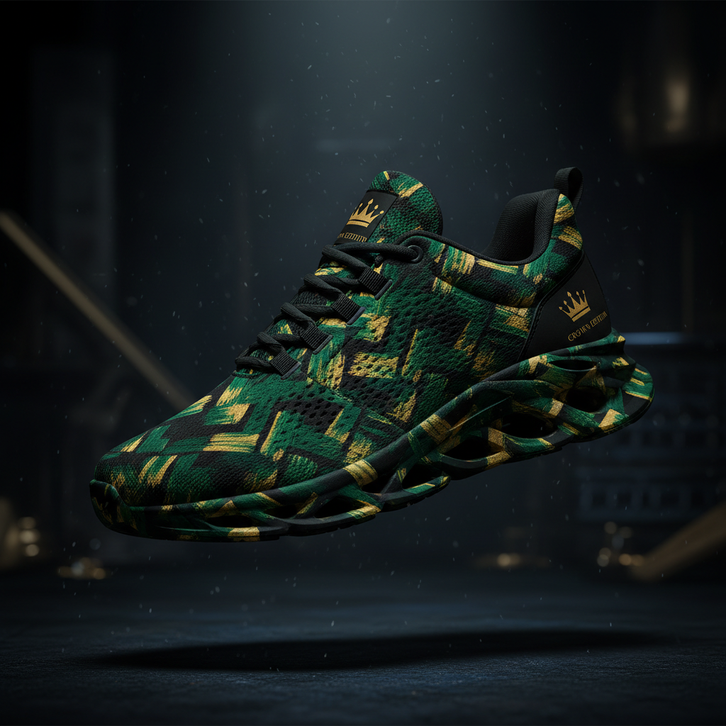 TITAN Crown Edition Women's Elite Training Shoe with bold geometric brushstroke artwork in emerald green and gold