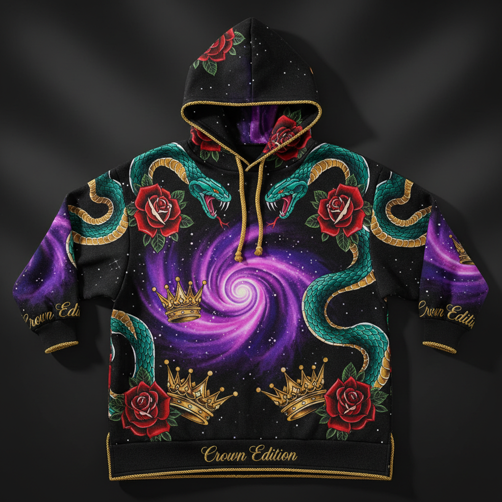 TITAN Crown Edition Tattoo Art Women's Lounge Hoodie Dress - bold colorful tattoo artwork on matte black fleece