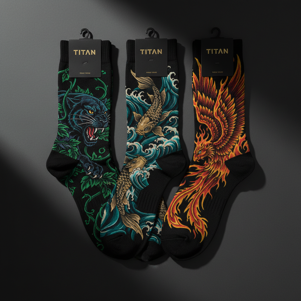 TITAN Printed Socks 3-Pack — Panther, koi fish and phoenix tattoo-style designs in emerald green, teal and electric orange