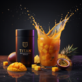 TITAN Keto Electrolyte Powder Tropical Punch — vibrant overhead splash shot with tropical punch explosion, mango, pineapple and passion fruit
