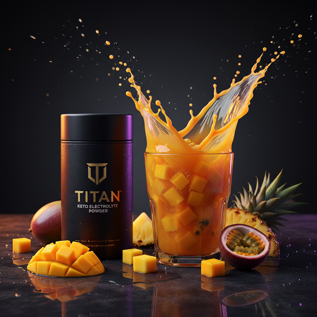 TITAN Keto Electrolyte Powder Tropical Punch — vibrant overhead splash shot with tropical punch explosion, mango, pineapple and passion fruit