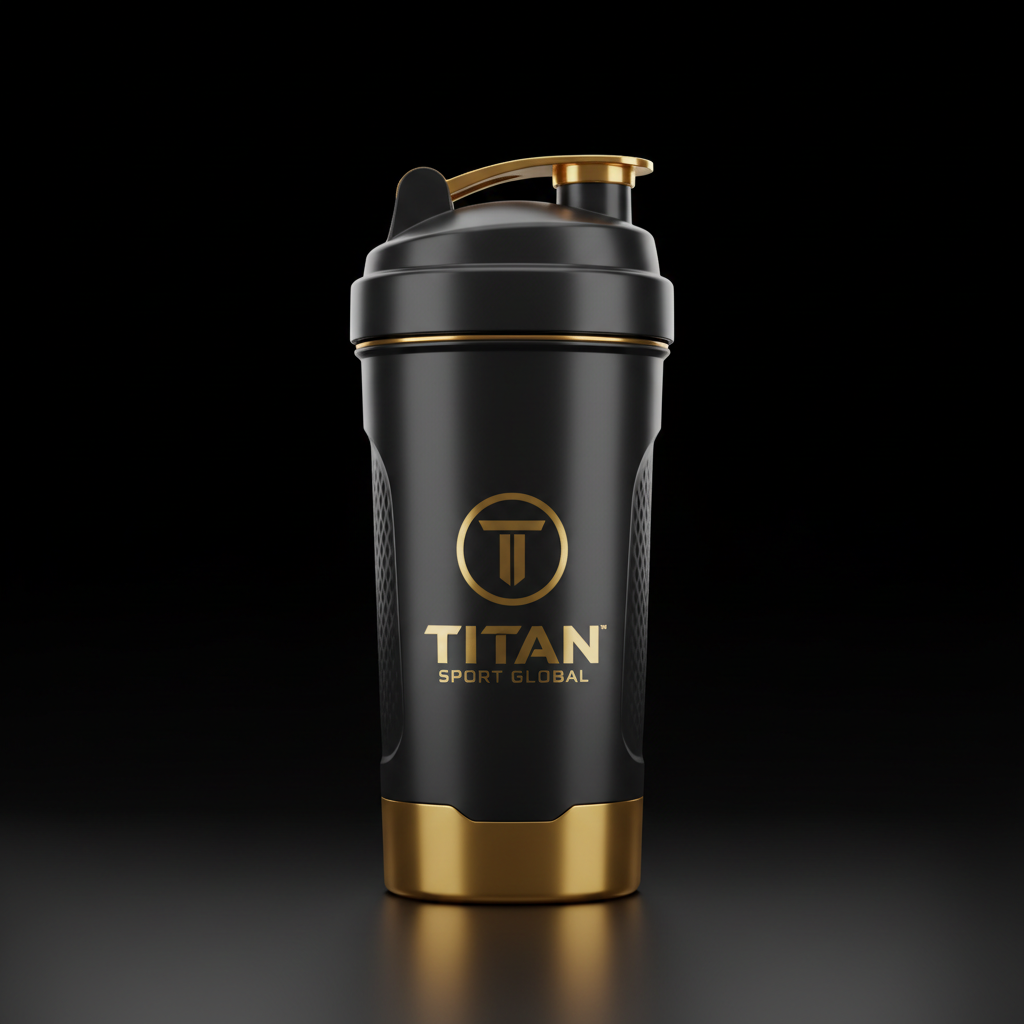 TITAN Premium Gold Protein Shaker - Black and gold 750ml shaker bottle with luxury branding