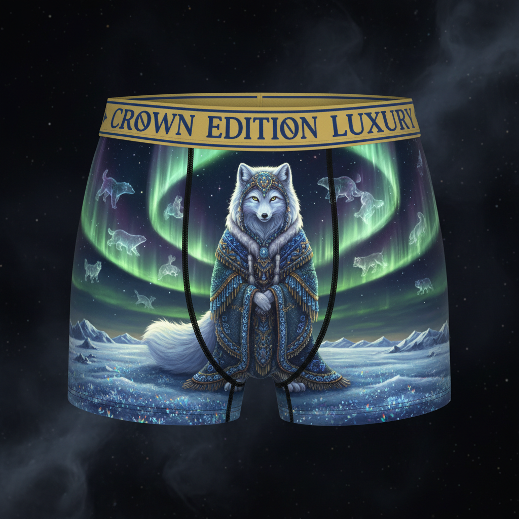 TITAN Inuit Shaman Arctic Fox Women's Cozy Boxer Shorts Crown Edition — arctic fox in Inuit shaman robes anime art on matte black