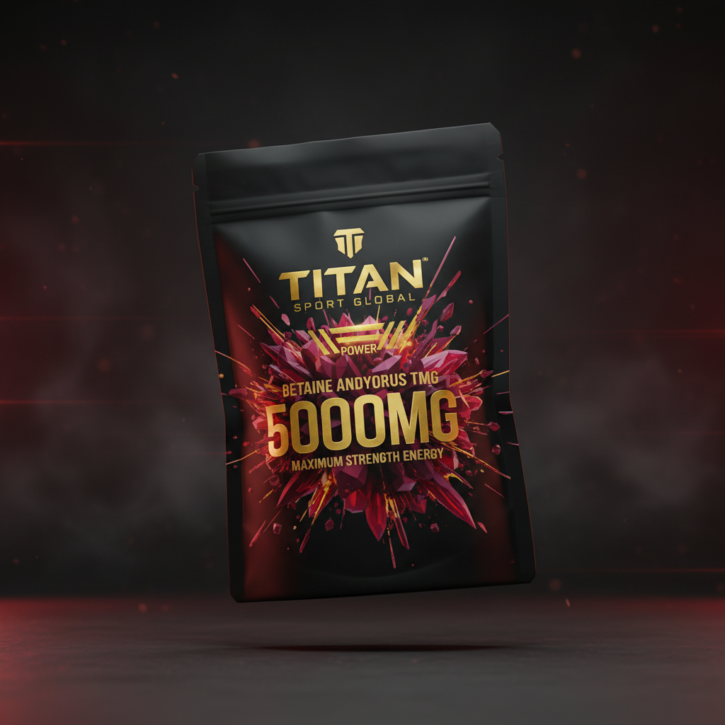 TITAN Betaine Anhydrous TMG powder container with 24K gold accents and bold sugar beet crystal formation artwork in deep burgundy, crimson and gold with 5000MG typography