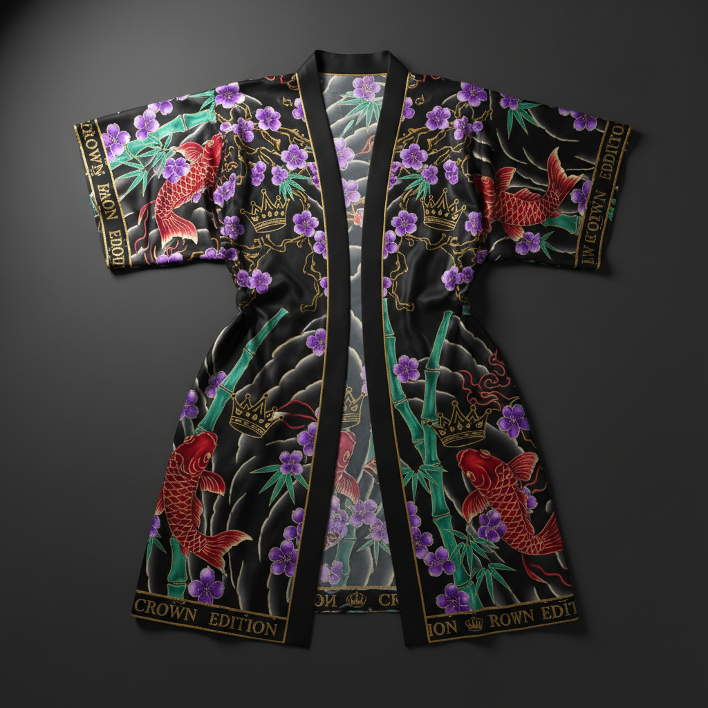 TITAN Crown Edition Tattoo Art Women's Lounge Kimono Robe - bold colorful tattoo artwork on matte black satin fabric