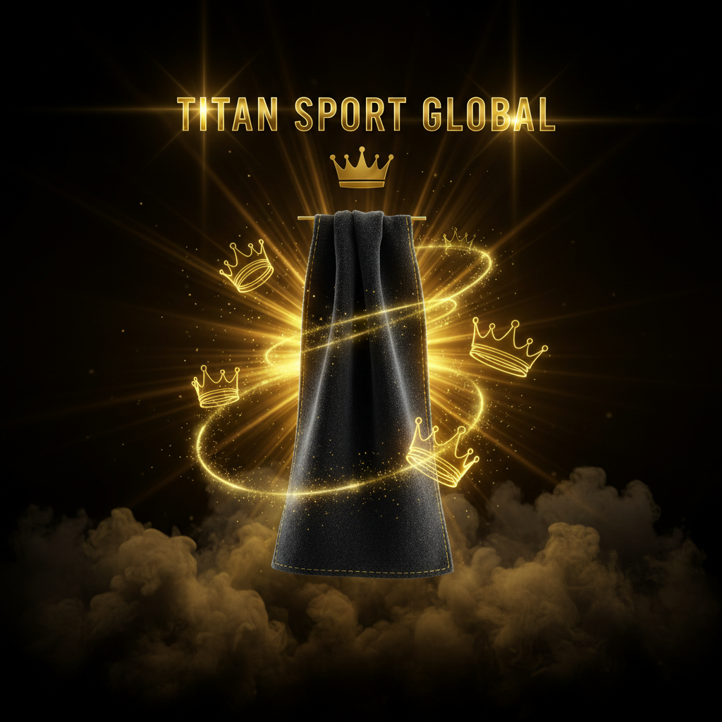 TITAN SPORT GLOBAL golf towel with gold crown branding on dark background