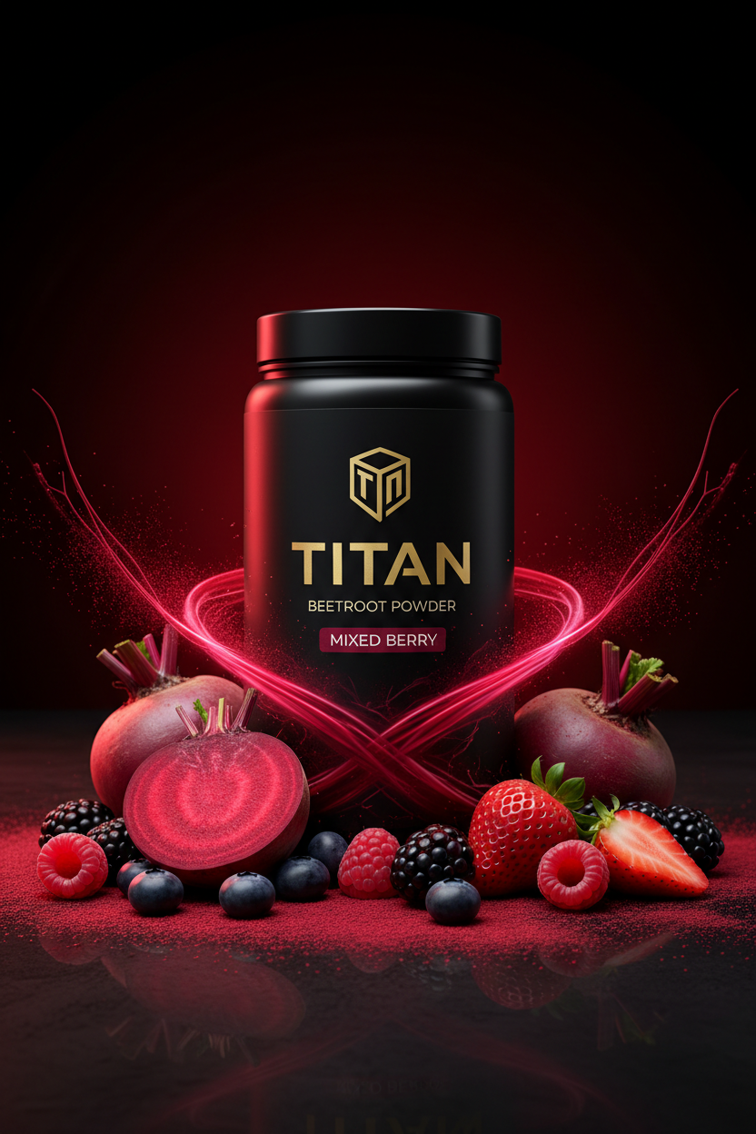 TITAN Beetroot Protein Powder Mixed Berry — bold athletic performance canister with deep crimson beetroot halves, mixed berries and powerful blood-red nitric oxide energy surge
