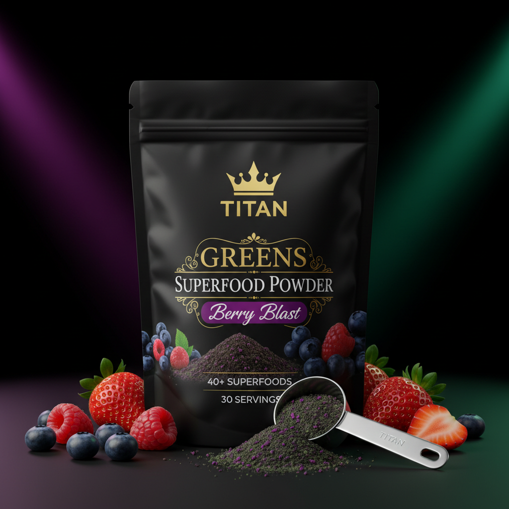 TITAN Greens Superfood Powder Berry Blast — Matte black bag with gold crown, purple-green powder and fresh berries