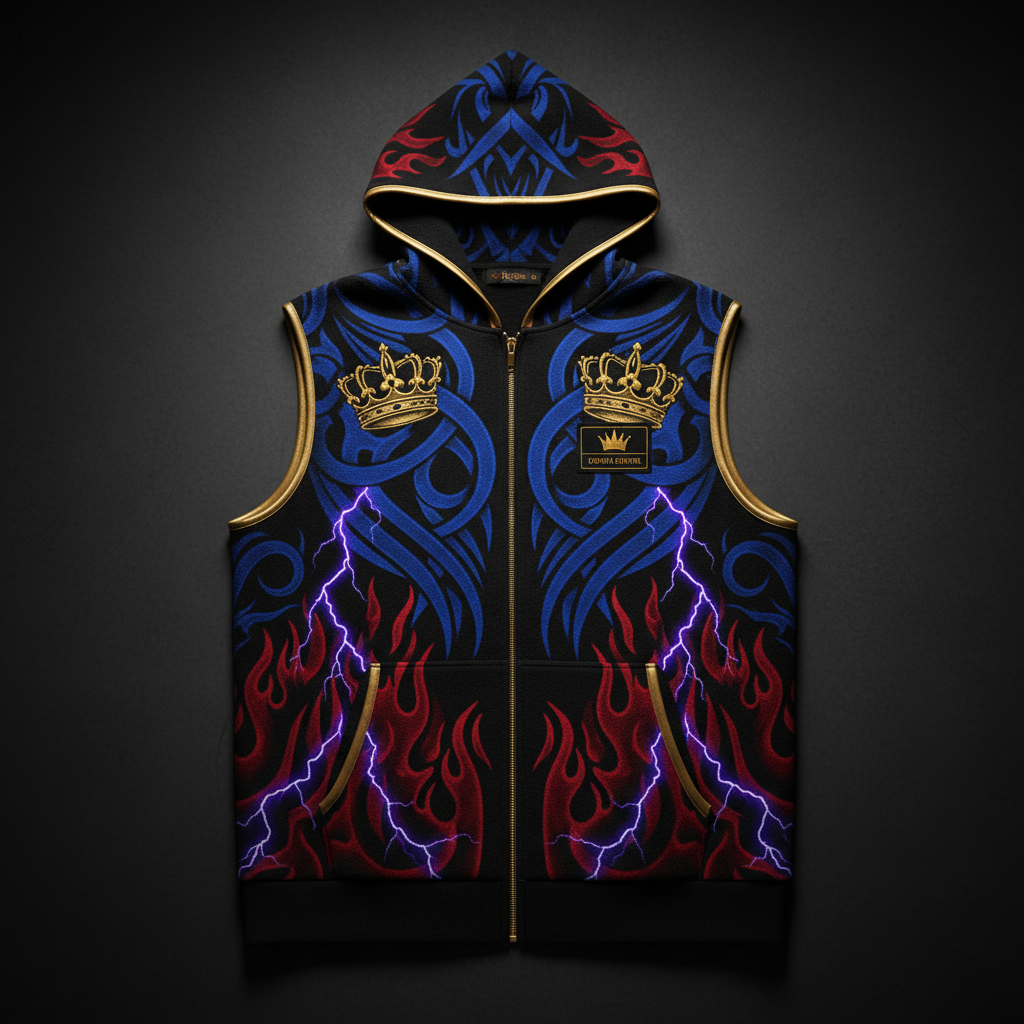 TITAN Crown Edition Tattoo Art Men's Lounge Hoodie Vest - bold colorful tattoo artwork on matte black fleece