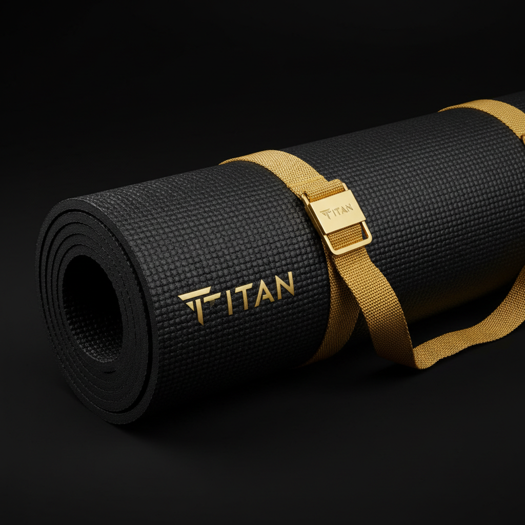 TITAN Premium Yoga Mat - Black with gold logo and carrying strap